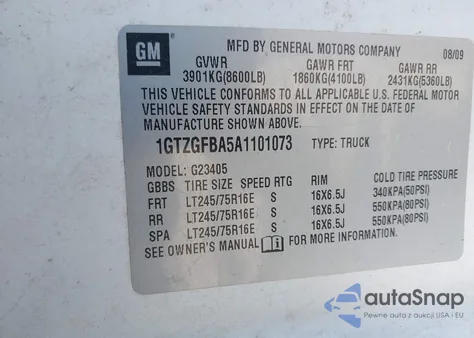 2010 GMC Savana 2500 Work Van z USA, uszkodzony, nr VIN 1GTZGFBA5A1101073